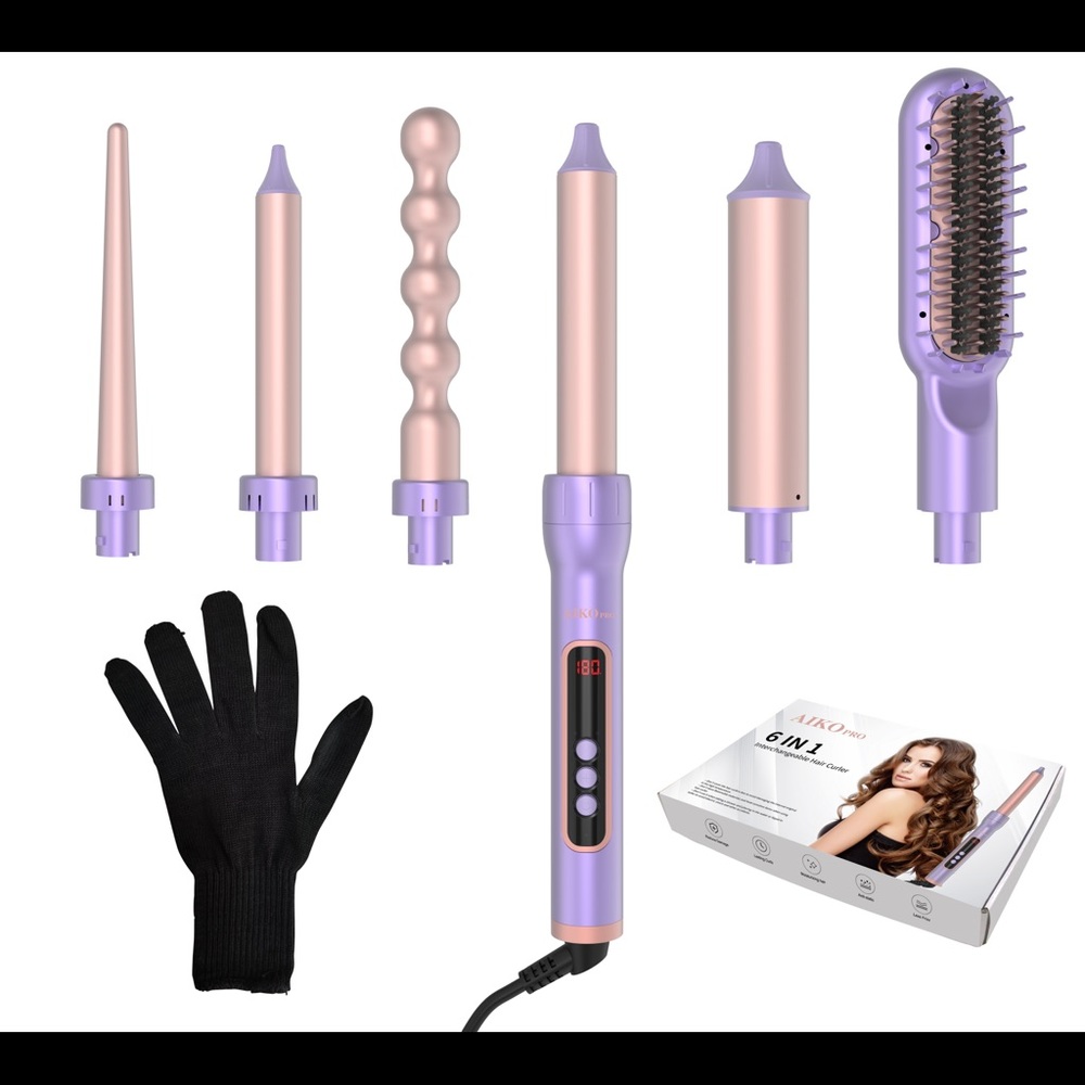 AIKO 6 in 1 Ceramic Curling Iron Wand with Hair Straightener Brush Fast Heat-Up